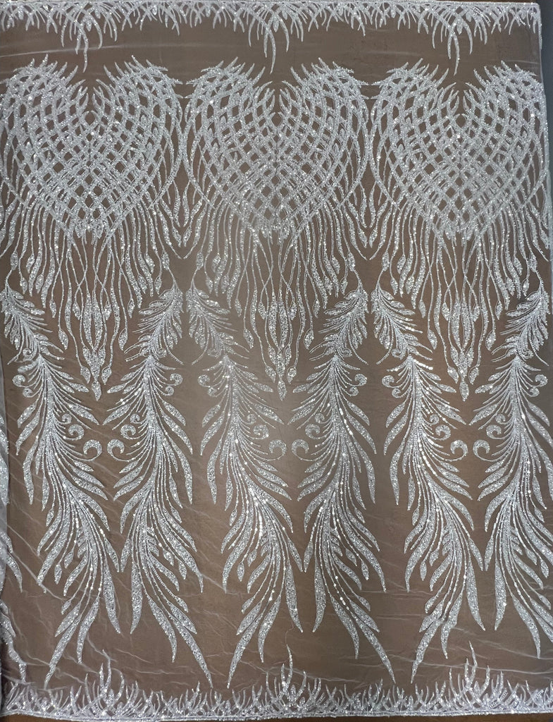white beaded lace with heart and feather patterns
